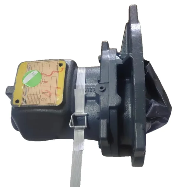 Genuine Atlas Copco air compressor air end with flange and nameplate, side view